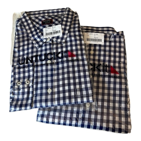 UNTUCKit Women's Belleza Button Up Long Sleeve Blue Gingham Shirt Navy White NEW - Picture 4 of 13